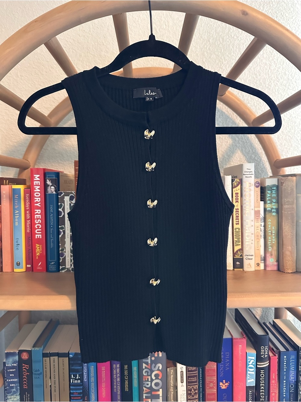 Lulu's Black Ribbed Sleeveless Tank with Gold Accent Buttons